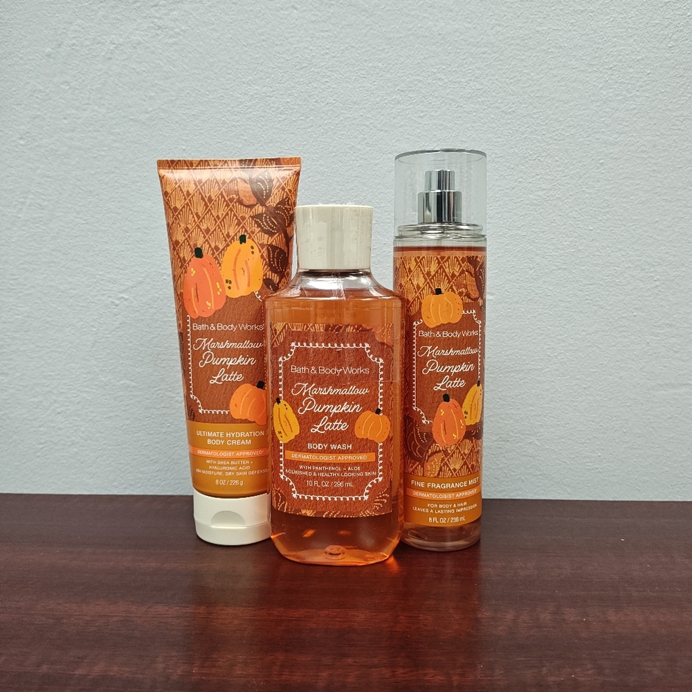 Bath & Body Works MARSHMALLOW PUMPKIN LATTE 3 Piece Body Care Bundle Set